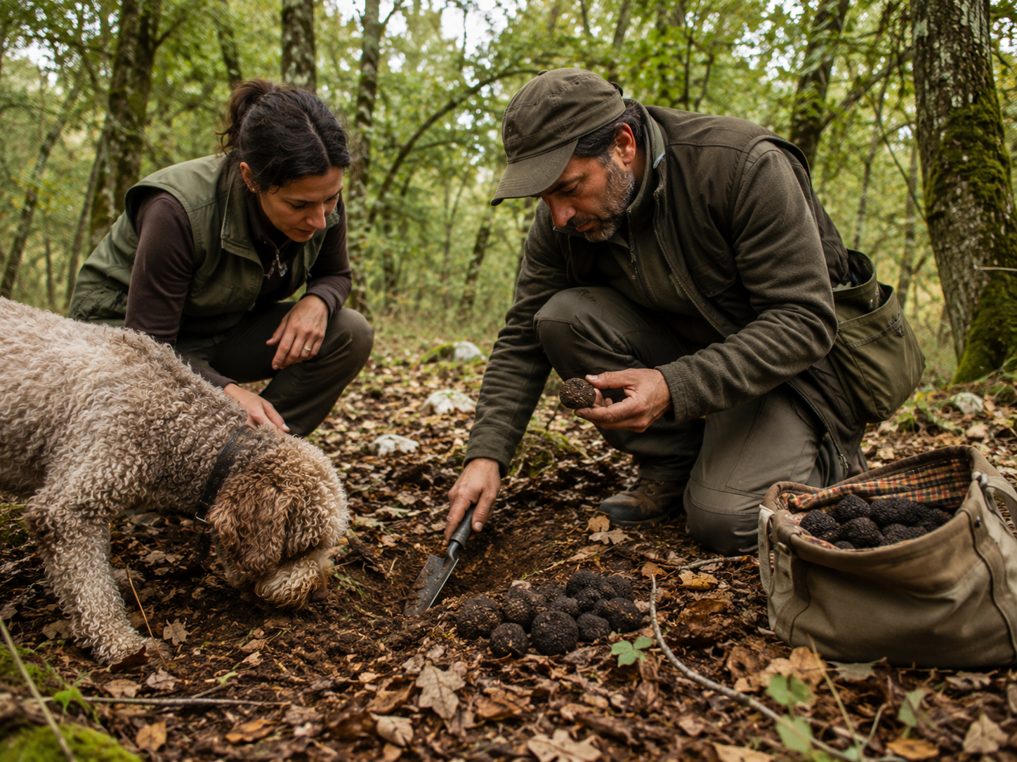 Persone con cane che cercano tartufi nel bosco